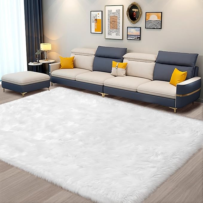 Ciicool 5 x 8 Feet Fluffy Faux Fur Area Rug White Faux Sheepskin Furry Rugs for Living Room Sofa Floor Shaggy Fuzzy Carpet for Bedroom Soft Plush Rugs Nursery Home Décor Rectangle