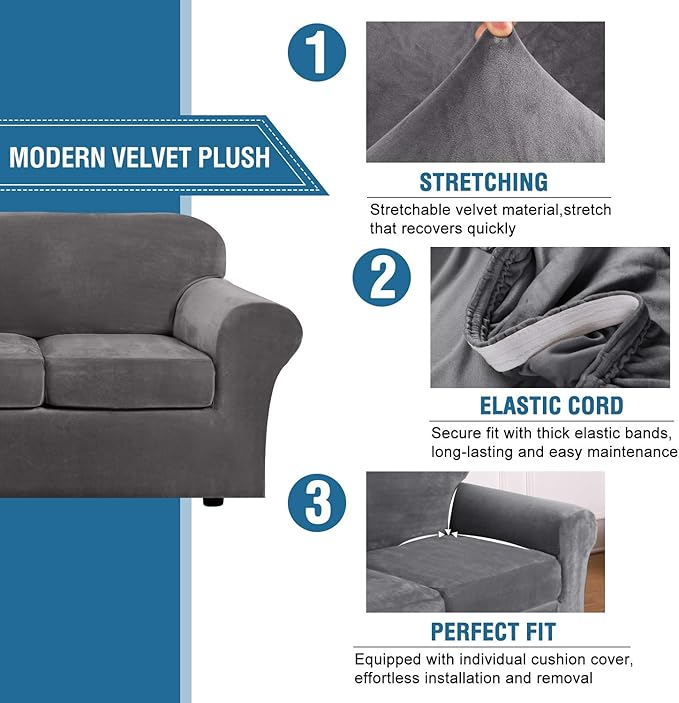 H.VERSAILTEX Real Velvet Plush 3 Piece Stretch Sofa Covers Couch Covers for 2 Cushion Couch Loveseat Covers Width Up to 72 Inch Feature Thick Soft Stay in Place (Medium Sofa, Grey)