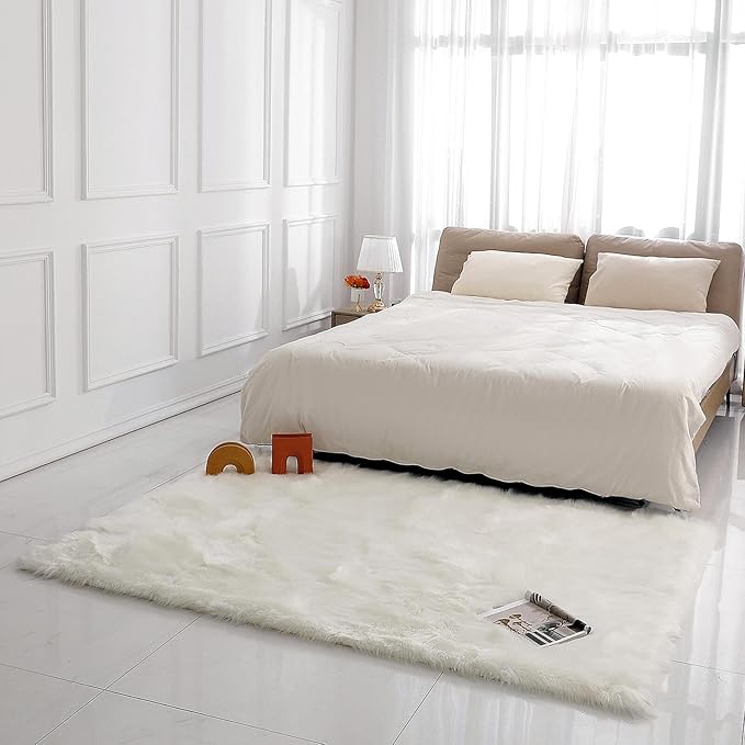 linmopm Faux Fur Rug Sheepskin Shag Fluffy Fuzzy 5x7 ft White Rugs for Bedroom Bedside Bed Floor Living Room Plush Rectangle High-Density Cushion Carpet Super Sofa Cover