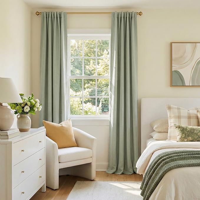 100% Blackout Shield Linen Blackout Curtains for Bedroom 96 Inches Long, Back Tab/Rod Pocket Living Room Drapes, Thermal Insulated Blackout Curtains 2 Panels Set, 50" W x 96" L,Sage Green