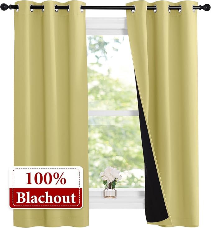 NICETOWN Paler Yellow Full Shade Curtain Panels, 37" Wide x 70" Long, Pair of Thermal Insulated & Energy Efficiency Blackout Curtains for Living Room Windows, Lined Silky Performance Window Dressing