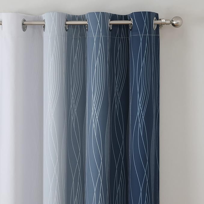 Estelar Textiler Greyish White and Navy Blue Blackout Curtains 96 Inches Long, Ombre Thermal Insulated Noise Reducing Blackout Drapes for Bedroom, Full Room Darkening Grommet Curtains,52Wx96L,2 Panels