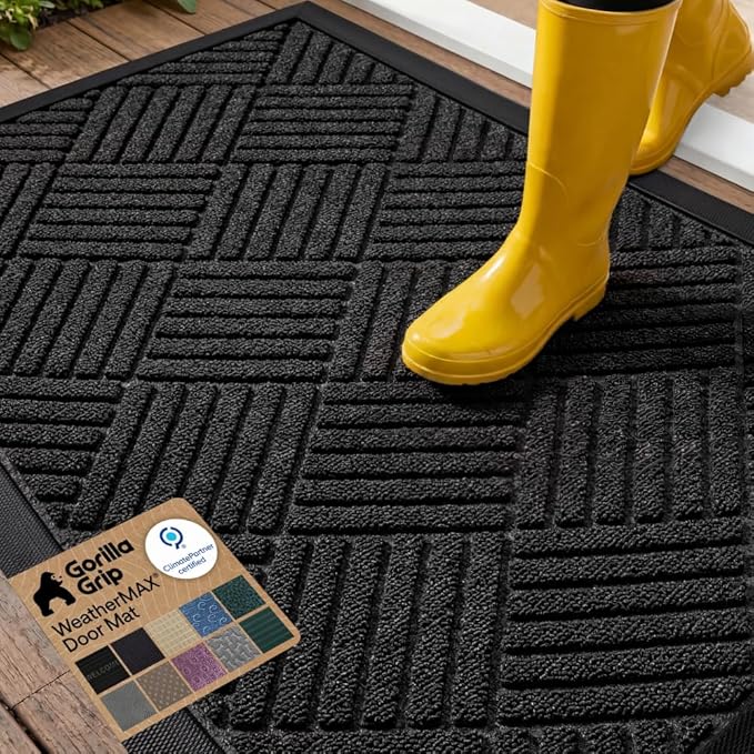 GORILLA GRIP 100% Waterproof All-Season WeatherMAX Doormat US Designed Natural Rubber, Stain and Fade Resistant, Low Profile Indoor Outdoor Door Mats, Easy Clean Patio Mat, 29x17, Black Diamond