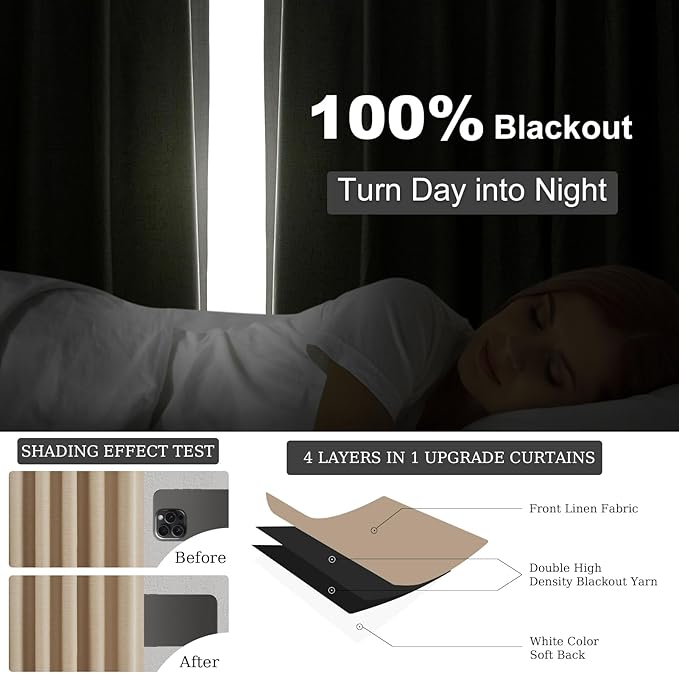 Topfinel Blackout Linen Blend Curtains 84 inch Long 2 Panels,Back Tab with Hooks,Light Blocking Thermal Insulated Draperies Modern Farmhouse Textured Curtains for Living Room Dining Room,Tan Camel