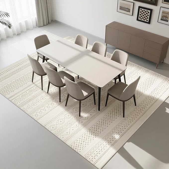 Washable Rugs 8x10 Area Rugs for Living Room- Large Moroccan Rugs for Bedroom, Dining Room, Ultra Soft Low Pile Foldable Carpet with Non Slip Rubber Backing,Neutral Accent Rug(Light Brown)