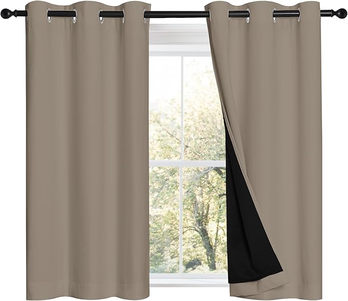 NICETOWN 100% Blackout Short Curtains with Black Liners, 2 Panels, 37" W by 40" L, Taupe, Solid Thermal Insulated Full Blackout 2-Layer Lined Drapes, Energy Efficiency Window Draperies for Bedroom