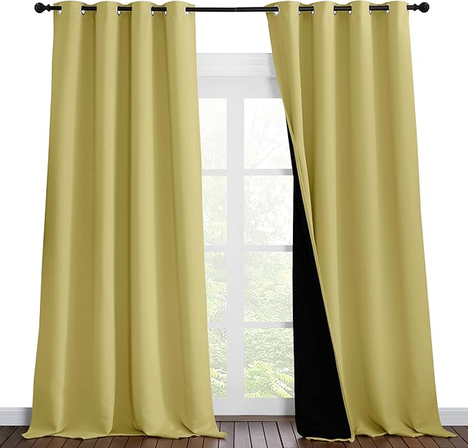 NICETOWN 100% Blackout Blinds, Laundry Room Decor Window Treatment Curtains for Large Patio Sliding Door, Thermal Insulated Paler Yellow Curtains for Bedroom, Set of 2, 52 inches x 108 inches