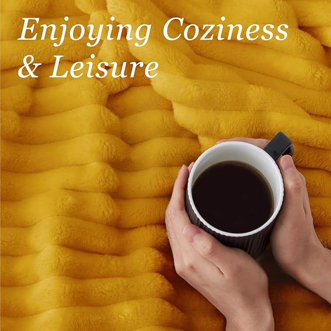 BEDELITE Twin Blanket for Couch & Bed, 300GSM Soft & Warm Fleece Blanket, Decorative and Giftable Striped Mustard Yellow Blankets for Women, Men, 60"x80"