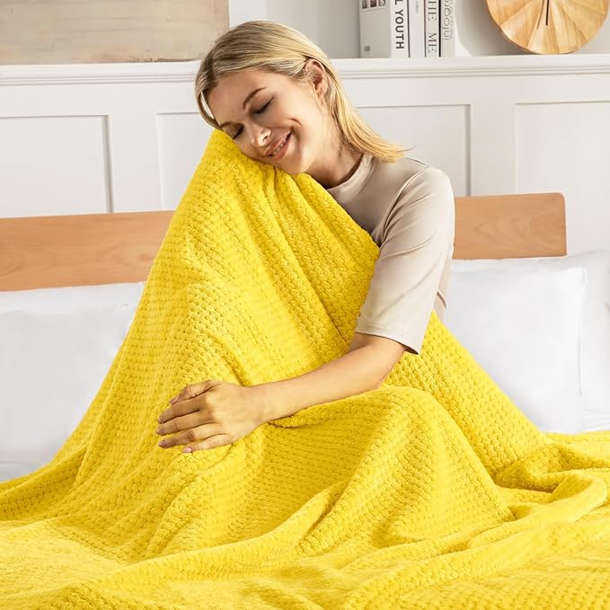 Exclusivo Mezcla Fleece Bed Blanket Twin Size, Super Soft and Warm Blankets for Couch, Sofa and Bed Waffle Textured, Cozy, Fuzzy and Lightweight (Vibrant Yellow, 90x66 Inches)