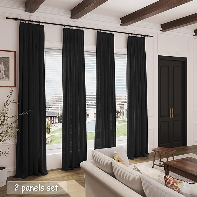 Black Linen Curtains 144 inch Extra Long for Living Room Back Tab Light Filtering Semi Sheer Drapes Modern Farmhouse Muslin Look Decor Cotton Textured Curtain for Floor to Ceiling Window 12 FT