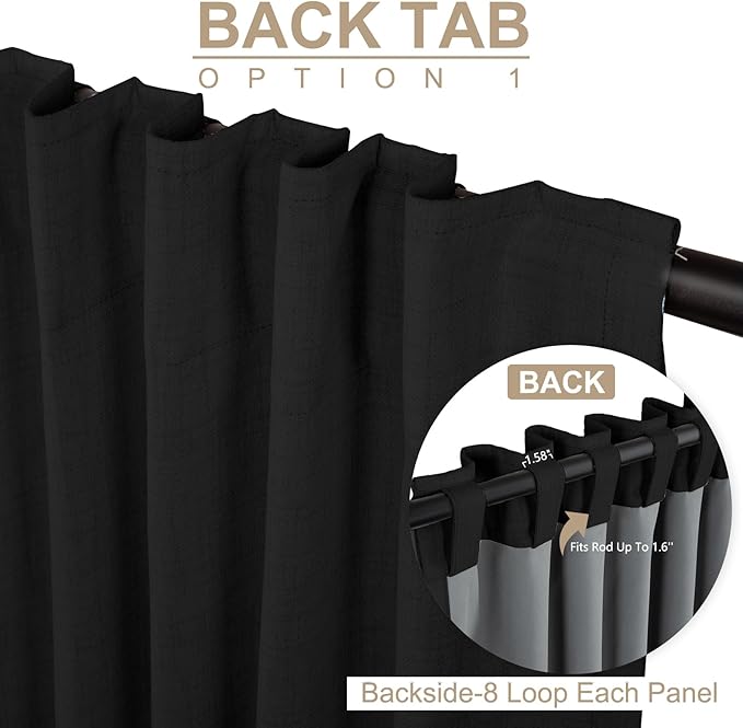100% Blackout Shield Linen Blackout Curtains for Bedroom 96 Inches Long, Back Tab/Rod Pocket Living Room Drapes, Thermal Insulated Blackout Curtains 2 Panels Set, 50" W x 96" L, Black