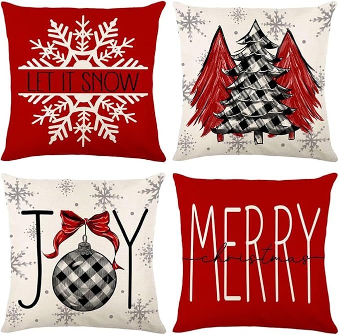 ONFAON Christmas Decorations - Christmas Pillow Covers 18x18 Set of 4,Farmhouse Christmas Throw Pillow Covers Set for Home Bedroom Sofa Couch