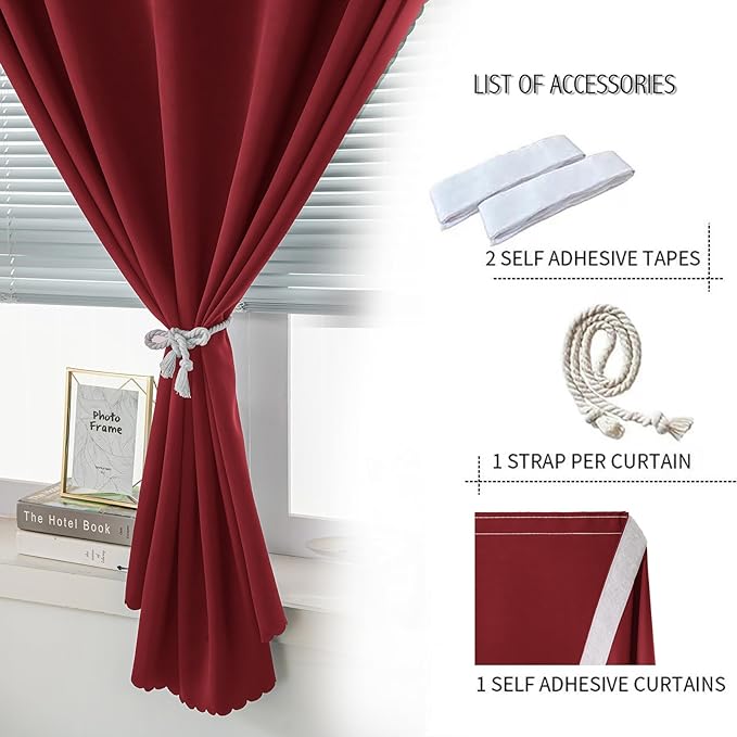 Self Adhesive Curtains, Stick Curtain Blackout Shades Window Cover Curtains for Living Room No Drilling, 59" W X 84" L, Burgundy, 1 Panel