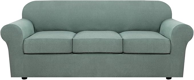 H.VERSAILTEX 4 Piece Stretch Sofa Covers for 3 Cushion Couch Covers for Living Room Furniture Slipcovers (Base Cover Plus 3 Seat Cushion Covers) Upgraded Thicker Jacquard Fabric (Sofa, Sage)