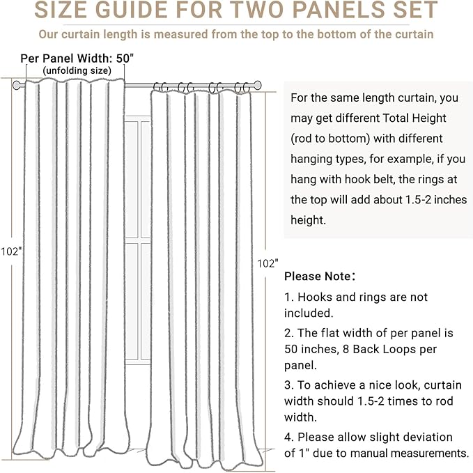 100% Blackout Shield Linen Blackout Curtains for Bedroom 102 Inches Long, Back Tab/Rod Pocket Living Room Drapes, Thermal Insulated Blackout Curtains 2 Panels Set, 50" W x 102" L, Faux Linen
