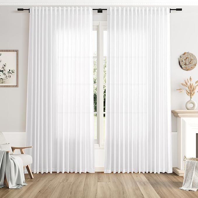 Extra Wide 100 Inch Linen Curtains for Living Room Divider Light Filtering Semi Sheer Back Tab Patio Curtains for Sliding Door White Coastal Decor Sunroom Floor to Ceiling Window Curtain 100x84