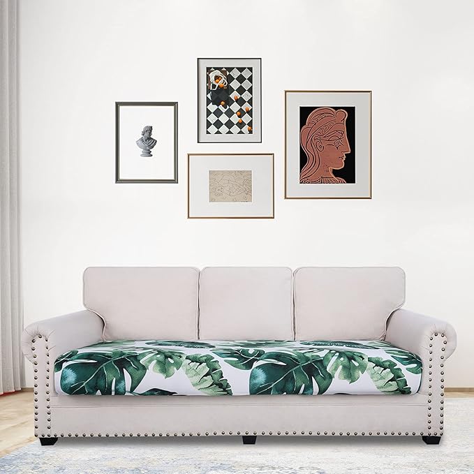 hyha Printed Couch Cushion Covers, Floral Sofa Covers Washable for 3 Cushion Couch, Stretch Pattern Outdoor Cushion Covers for Patio Furniture with Elastic Bottom(Large, Monstera Deliciosa)
