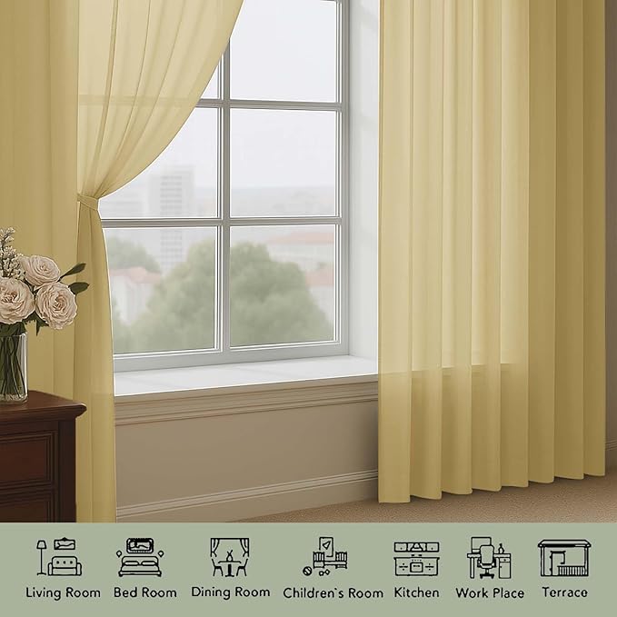 OWENIE Sheer Gold Curtains, Sheer Curtains 63 inch Length 2 Panels Set, Rod Pocket Voile Fimly Sheer Drapes for Living Room Bedroom, 2pcs, Gold, Each 59" W x 63" L