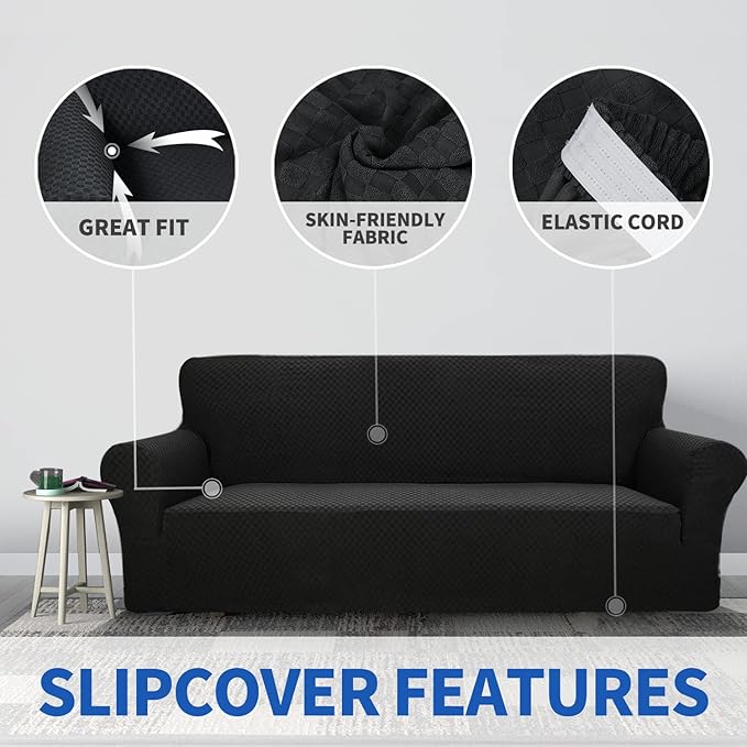 ZNSAYOTX 1 Piece Jacquard Couch Covers for 2 Cushion Couch High Stretch Loveseat Slipcover for Pets Dogs Anti Slip Love Seat Sofa Slipcover Furniture Protector (Loveseat, Black)