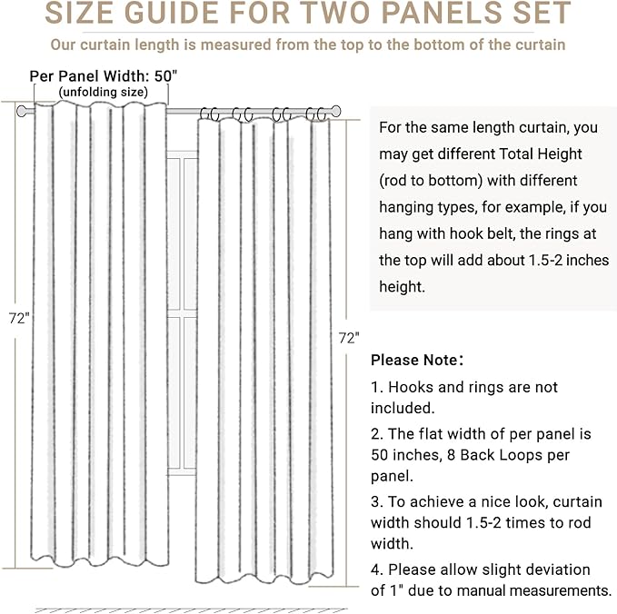 100% Blackout Shield Linen Blackout Curtains for Bedroom 72 Inches Long, Back Tab/Rod Pocket Living Room Drapes, Thermal Insulated Blackout Curtains 2 Panels Set, 50" W x 72" L,Cream