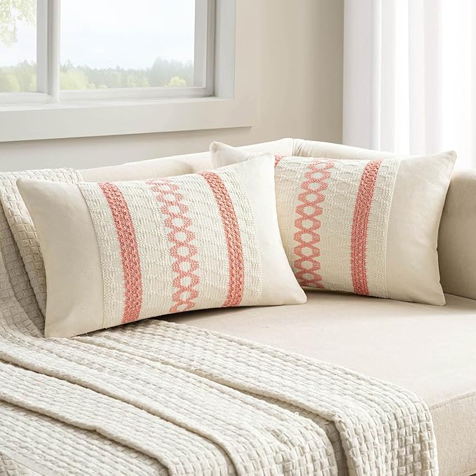 MIULEE Set of 2 Coral Red Boho Valentines Decorative Lumbar Pillow Covers 12x20 Inch Farmhouse Rustic Couch Throw Pillows Modern Spring Cushion Covers Cute Macrame Woven Home Decor for Bed Sofa Chair