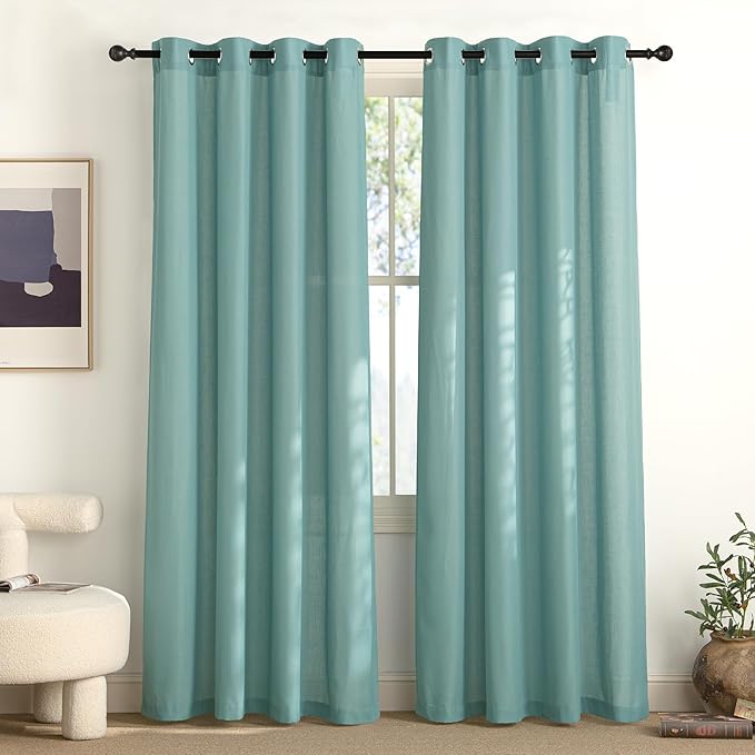 NICETOWN Greyish Blue Linen Curtains for Kitchen, Thick Flax Small Window Treatments Semi Sheer Privacy Assured with Light Through for Cafe/Bathroom, W55 x L84, 2 Panels