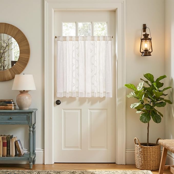 jinchan Belrose Linen Floral Kitchen Curtains 36 inch Length Embroidered Farmhouse Cafe Curtains for Living Room Bathroom Small Windows Curtain Set Sheer Light Filtering 2 Panels White
