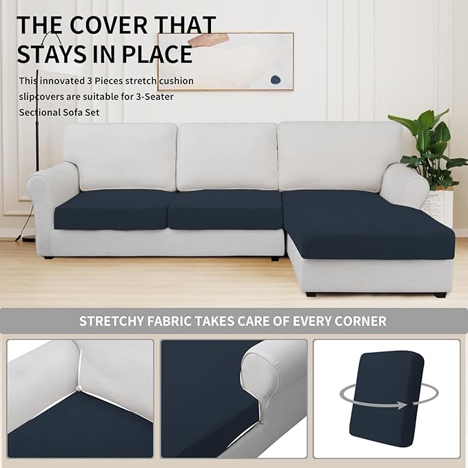 Easy-Going Stretch 3 Pieces Couch Cushion Covers for Sectional Sofa Left/Right L Shape Chaise Lounge Sofa Seat slipcover Anti-Slip Sofa Cover Soft (2 Seater + 1 Chaise, Dark Blue)