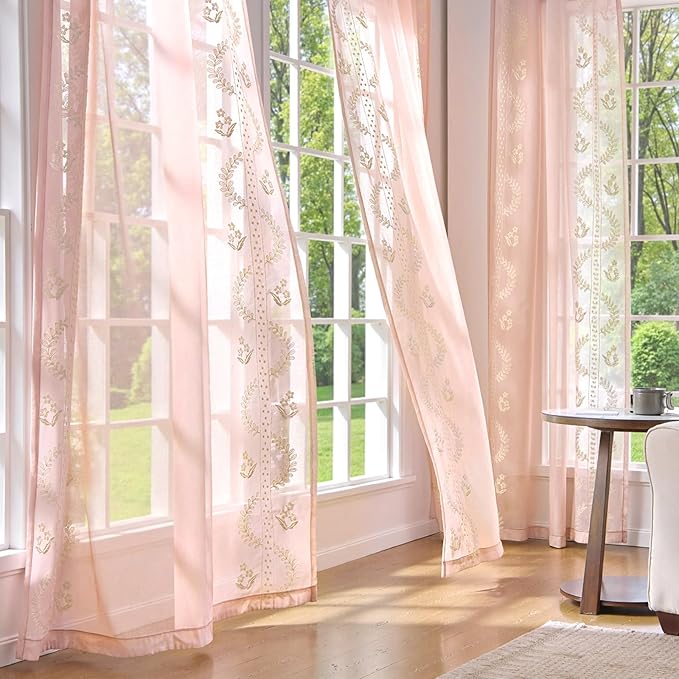 jinchan Belrose Winslow Pink Sheer Curtains 84 Inch for Bedroom Living Room Embroidered Bordered Floral Nursery Curtains for Girls Room Dorm Light Filtering Window Treatments, 2 Panels, W50 x L84