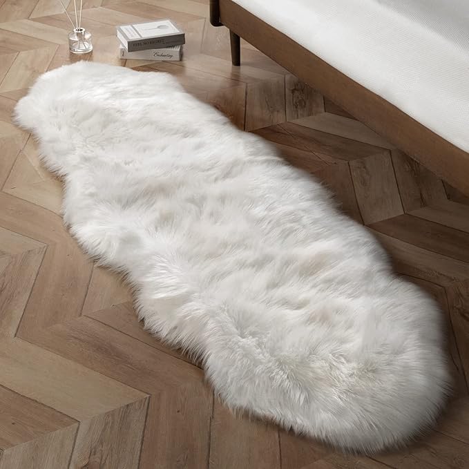 Ashler Faux Fur Rug, White Area Rugs, Fluffy Sheepskin Fur Rug, Fuzzy Ultra Soft 2 x 6 Ft Rugs, Machine Washable Shag Rug, Nursery Throw Rugs for Bed, Living, Kids Room