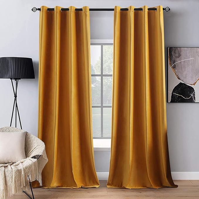 MIULEE 2 Panels Blackout Velvet Curtains Solid Soft Grommet Mustard Yellow Curtains Black Out Thermal Insulated Soundproof Room Darkening Drapes/Panels for Fall Living Room Bedroom 52 x 96 Inch Length