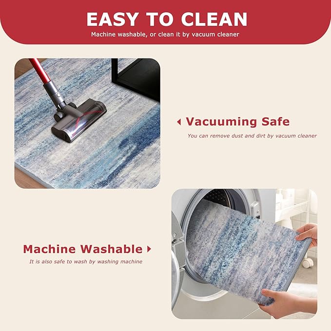 KOZYFLY Washable Area Rug 5x7 Modern Ombre Thin Rugs for Living Room Non-Slip Soft Striped Area Rug for Bedroom, Print Blue/Grey/Beige Abstract Carpet for Kid Room