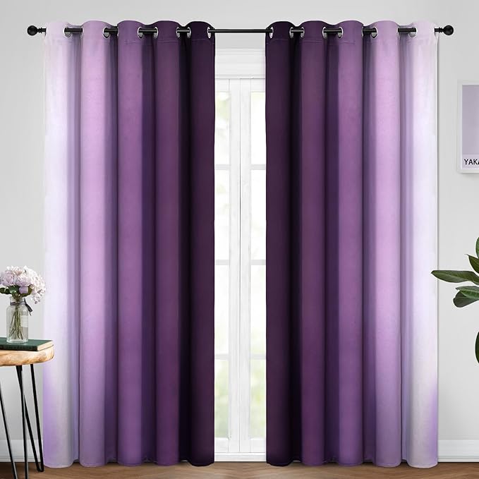 Yakamok Room Darkening Ombre Curtains 84 Inch Length, Purple and Greyish White Thermal Insulated Gradient Color Curtains,Light Blocking Grommet Window Drapes for Bedroom,62 Inch Width,2 Panels