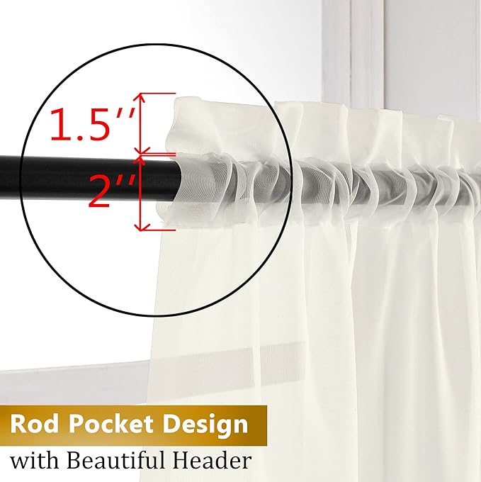 Aiyufneg Ivory Sheer Curtains 36 inch Length Kitchen Tiers Short Voile Curtains/Drapes Solid Sheers Cafe Curtains Voile Bathroom Small Half Window Curtains 2 Panels Set, Rod Pocket, 40" Wx36 L