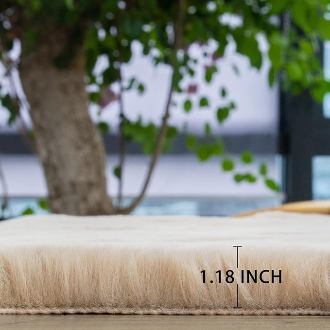 ORINOVA 5x8 Area Rug Light Brown Beige Plush Shaggy Rugs for Bedroom Washable Faux Rabbit Fur Rug for Living Room Fluffy Large Nursery Rug Home Décor