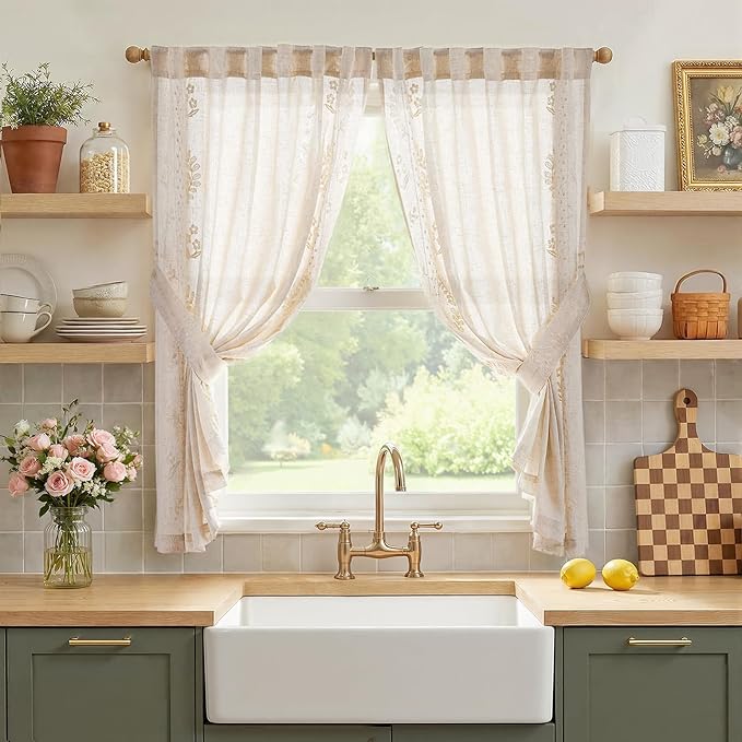 jinchan Belrose Linen Floral Cafe Curtains 54 Inch Length Embroidered Farmhouse Curtains for Kitchen Bedroom Bathroom Small Windows Curtain Set Light Filtering 2 Panels Ivory