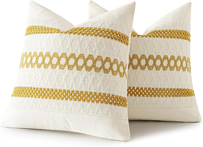 MIULEE Set of 2 Mustard Yellow Boho Decorative Pillow Covers 18x18 Inch Farmhouse Rustic Couch Throw Pillows Modern Spring Cotton Cushion Covers Retro Cute Macrame Woven Home Decor for Bed Sofa Chair
