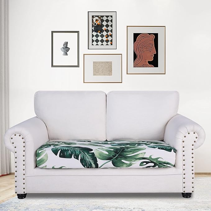 hyha Printed Couch Cushion Covers, Floral Sofa Covers Washable for 2 Cushion Couch, Stretch Pattern Outdoor Cushion Covers for Patio Furniture with Elastic Bottom(Medium, Monstera Deliciosa)