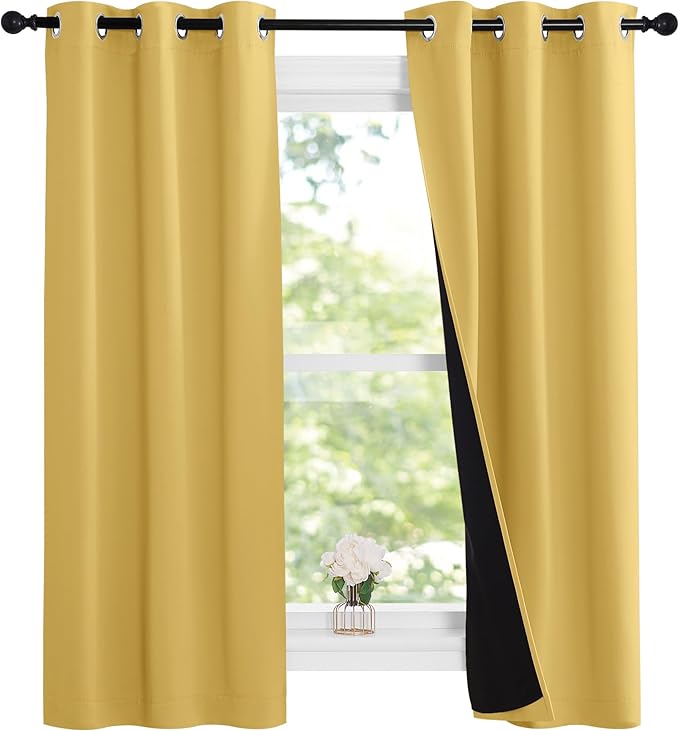 NICETOWN 100% Blackout Short Curtains with Black Liners, 2 Panels, 37" W by 50" L, Bright Yellow, Thermal Insulated Full Blackout 2-Layer Lined Drapes, Energy Efficiency Window Draperies for Bedroom