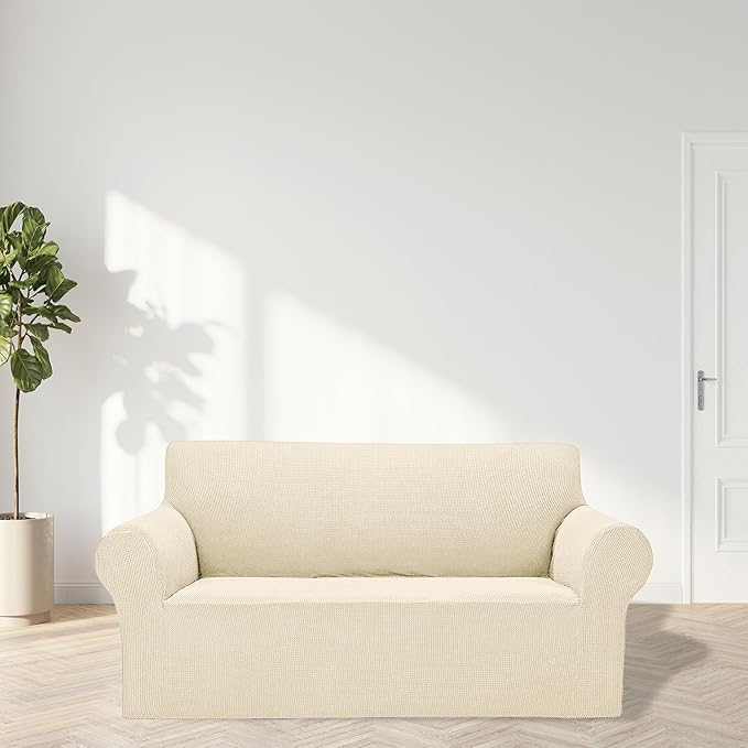 2025 New Stretch Loveseat Sofa Slipcovers Couch Cover for 2 Cushion Furniture Protector Sofa Covers with Elastic Bottom Small Checks for Pets, Kids - Beige