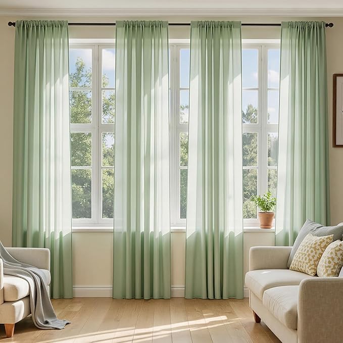 MIULEE Sage Green Sheer Curtains 84 Inches Long, 4 Panels Set, Light Filtering Rod Pocket Voile Drapes Window Treatments, Semi Transparent Airy Fabric for Bedroom and Living Room, 54 x 84 Inches