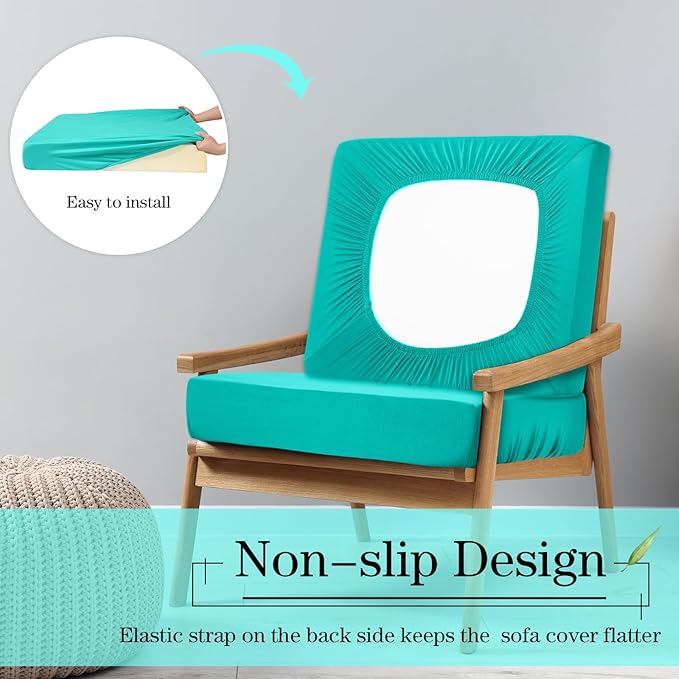 Newwiee Set of 4 Stretch Patio Cushion Covers Sofa Couch Seat Chair Slipcovers Cushion Cover Replacement Furniture Protector for Pets Washable(Turquoise,Seat Cover,Solid)