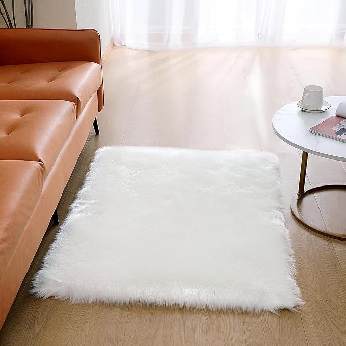 linmopm Faux Fur Rug Sheepskin Shag Fluffy Fuzzy White 3x4 ft Rugs for Bedroom Bedside Bed Floor Living Room Plush Rectangle High-Density Cushion Carpet Super Sofa Cover
