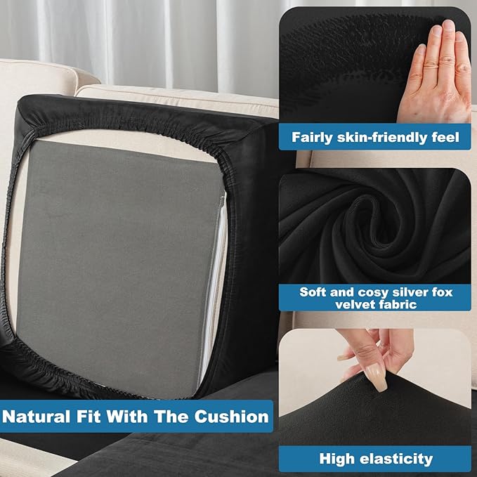 Couch Cover 4-Piece Elastic Velvet Couch Cushion Covers & Chaise Slipcovers for L-Shaped Sofas, Sofa Seat Covers Washable, Soft Cover for Couches (3 Seater + Chaise, Black)