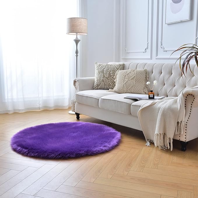duduta Purple Faux Sheepskin Round Rug 4x4 ft, Fluffy Shag Fur Bedroom Nursery Kids Playroom Rug Dorm Decor Non Slip Washable