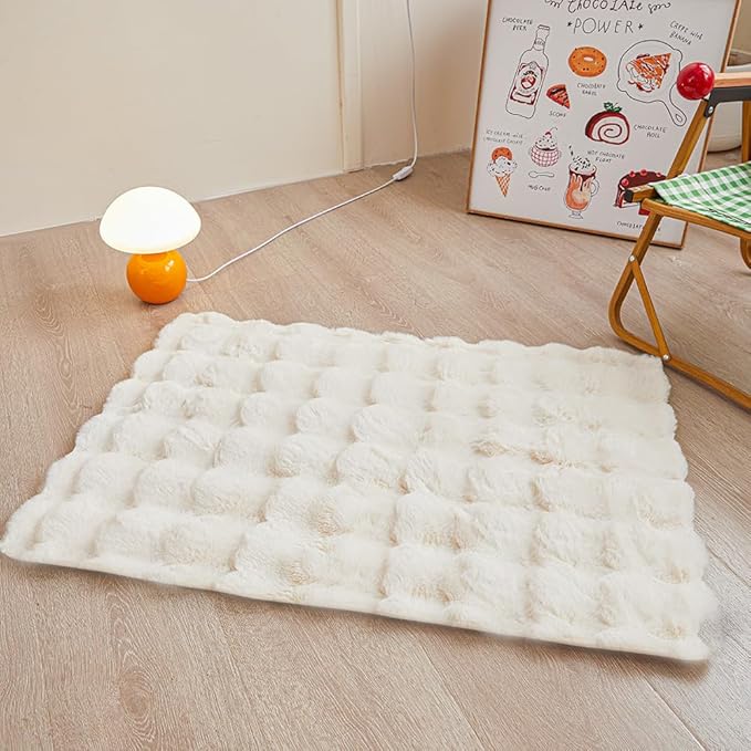 Creamy White Rabbit Plush Rug 2'x3', Fluffy Faux Fur Shaggy Area Rug for Nursery, Kids Room Decor, Soft Fuzzy Carpet for Living Room, Bedroom, Teen Girls Room