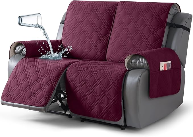 TAOCOCO 100% Waterproof Recliner Loveseat Cover Non Slip Couch Cover for 2 Seat Reclining Sofa, Split Reclining Loveseat Covers 2-Piece with Straps for Kids Pets(2 Seater, Wine)