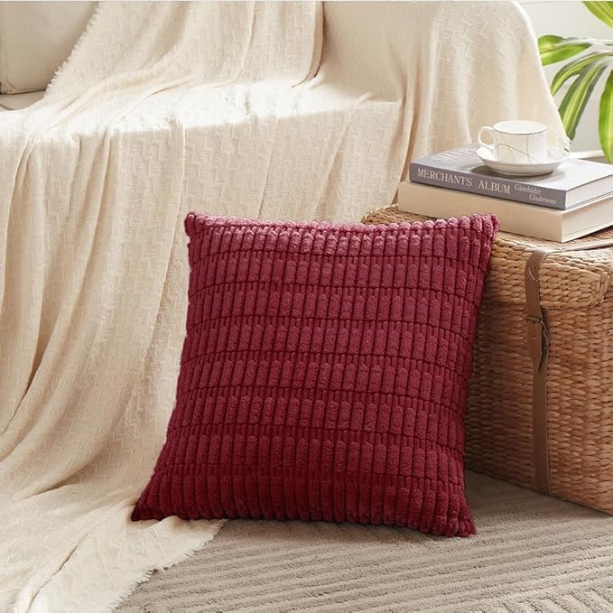 Fancy Homi 4 Packs Burgundy Decorative Throw Pillow Covers 20x20 Inch for Living Room Couch Bed, Holiday Christmas Home Decor Gift, Soft Plush Corduroy Square Cute Accent Cushion Case 50x50 cm