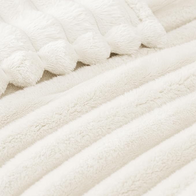 Exclusivo Mezcla King Size Flannel Fleece Blanket, Super Soft Striped Jacquard Bed Blanket, Lightweight Fuzzy Cozy for All Seasons, 90x104 Inches, Ivory