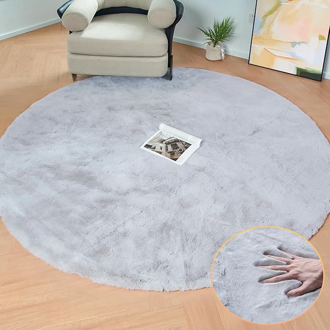 ORINOVA Washable Furry 5ft Round Area Rugs for Living Room Bedroom Light Grey Circle Faux Rabbit Shaggy Fur Rug Teen Room Décor